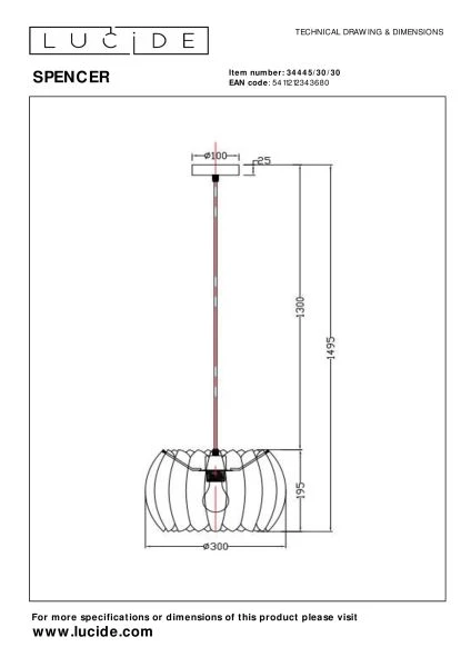 Lucide SPENCER - Hanglamp - Ø 30 cm - 1xE27 - Zwart - technisch